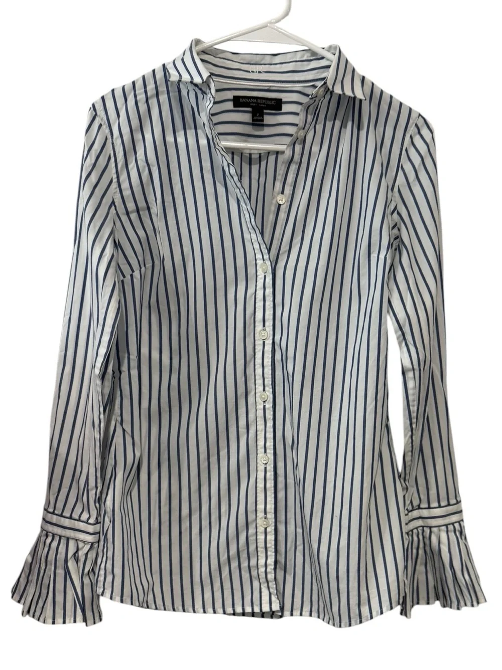 Banana Republic 2 Blue White Stripe Ruffle Cuff Button Shirt Cotton Stretch